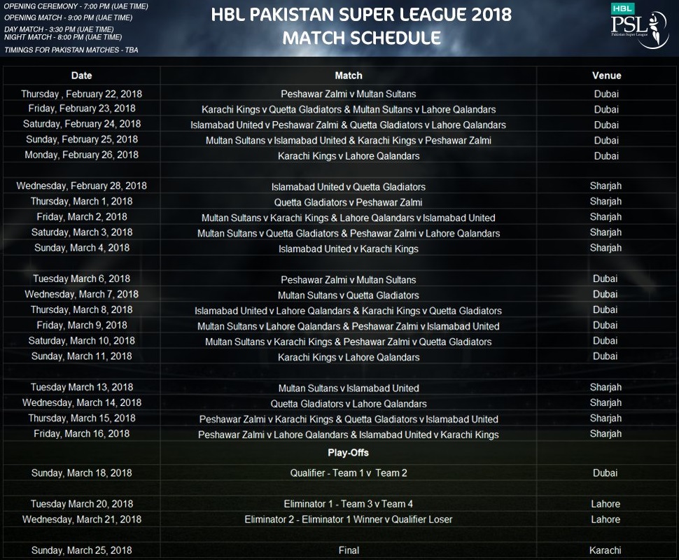 Pakistan Super League 2018 Schedule and Time Table (PSL 2018)