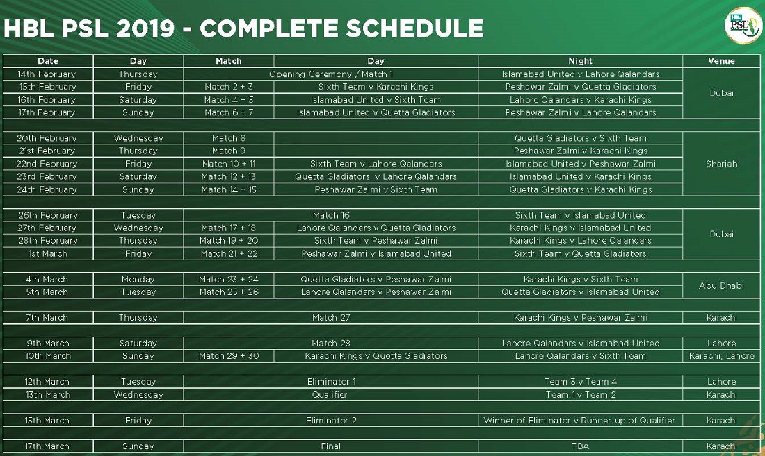 Pakistan Super League 2019 Schedule and Time Table PSL-4